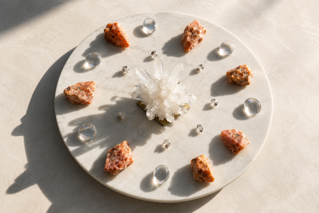 Crystal Grid circular con cuarzo central y cristales seleccionados