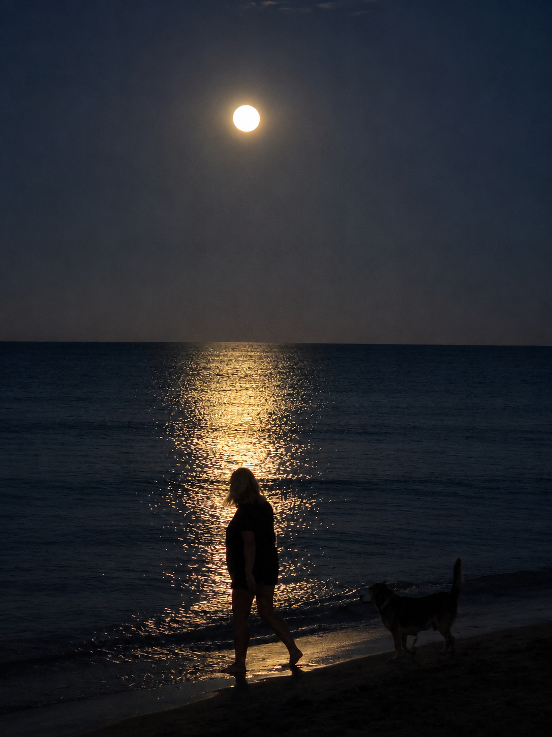Paula junto al mar bajo la Luna llena